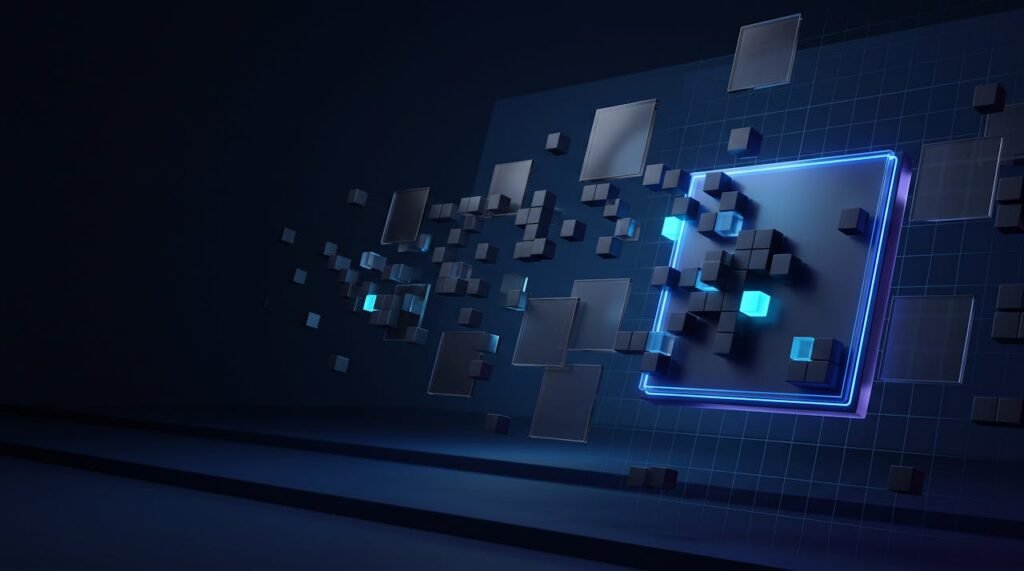 A wide constellation of modular infrastructure blocks converging on one lit panel, in electric blue and cyan on deep navy