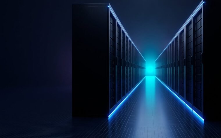 Buy OVHcloud Account from AccsMarket.shop, shown as a server corridor receding into depth